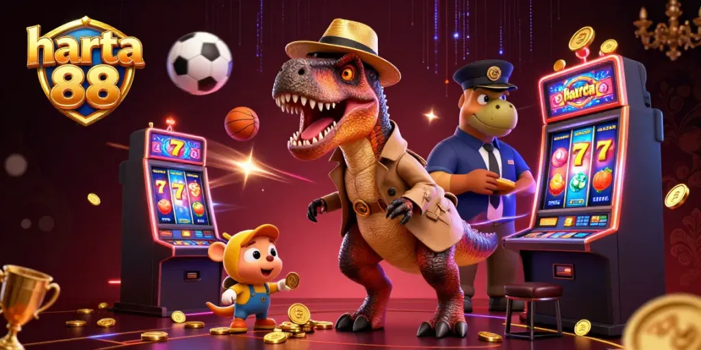 Experience thrilling gaming at harta 88, featuring a velociraptor card counter amidst dynamic slot reels and vibrant casino action.