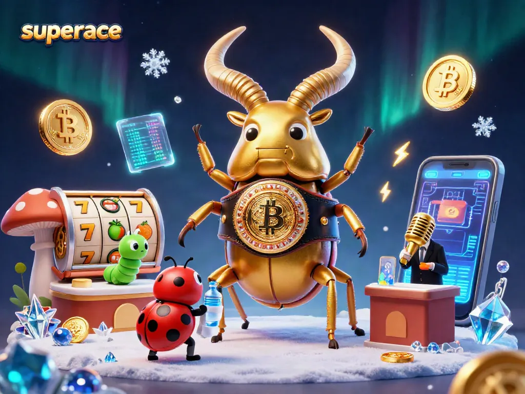 Watch the superace showdown of a golden stag beetle champion in a vibrant casino-themed illustration.