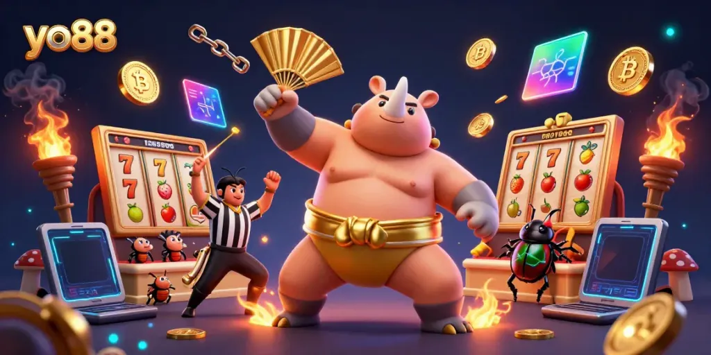 Experience thrilling gameplay at yo88 with a dynamic scene featuring a sumo champion beetle amidst exciting slots and floating cryptocurrency elements.