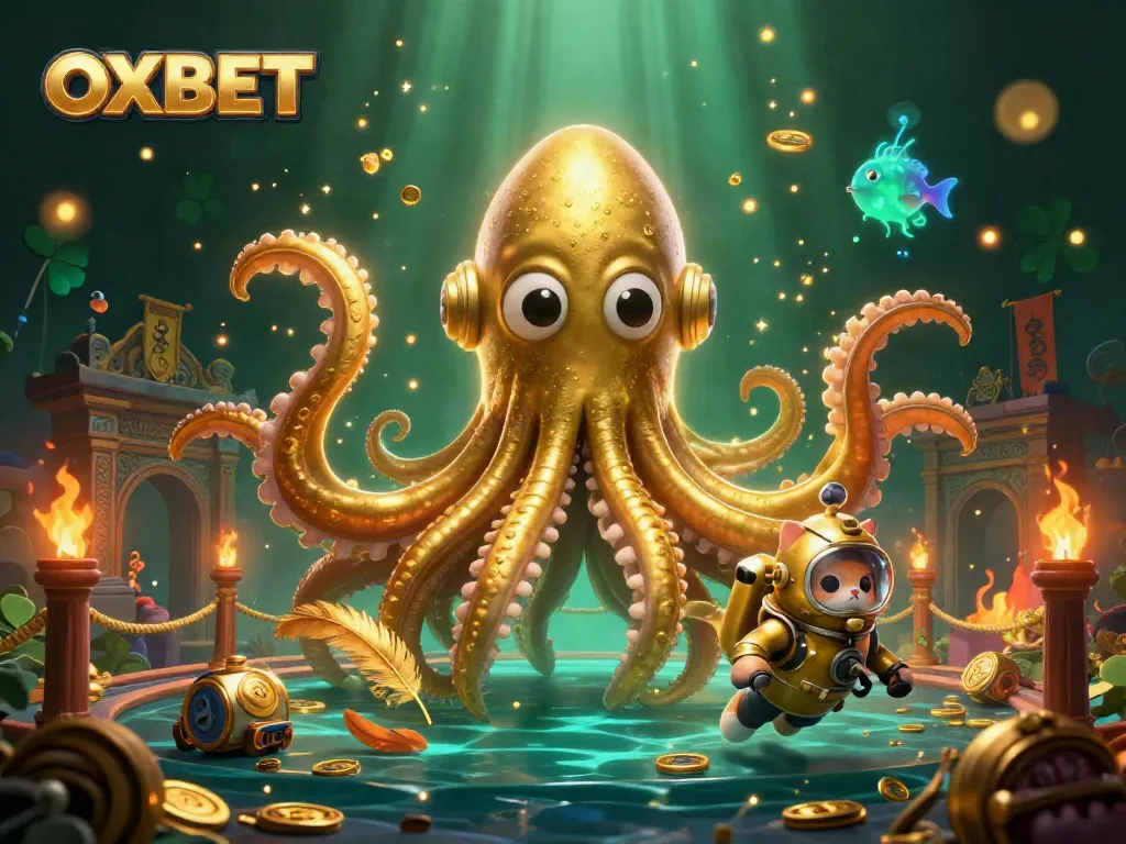 Engage with the OXBET experience through a vibrant 3D scene of a kraken and diving cat in a casino setting.