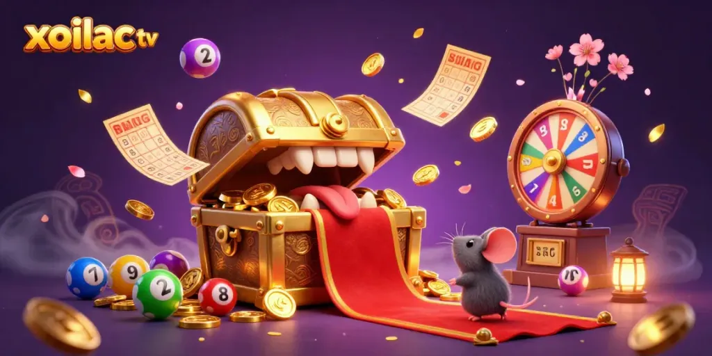 Experience excitement with xoilac tv's dynamic treasure chest scene filled with lottery elements.