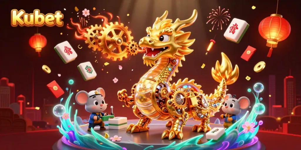 Capture the excitement of Kubet with a 3D dragon breathing golden gears in a dynamic gambling scene.