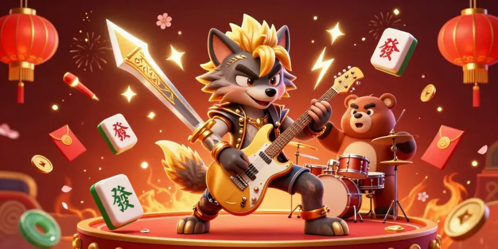 Experience the thrill at luck8 with vibrant casino action featuring a rock star wolf on stage.