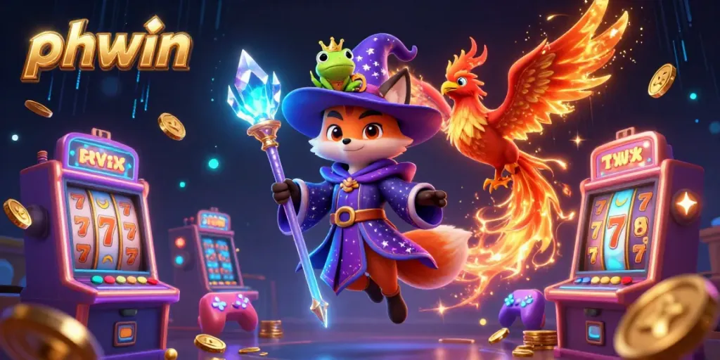 Experience thrilling slots with phwin, featuring a wizard fox, phoenix, and prizes.
