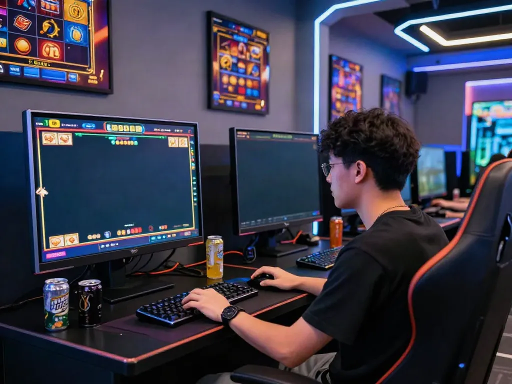 Engaged player enjoying slot88 games on dual screens in a vibrant gaming setup.