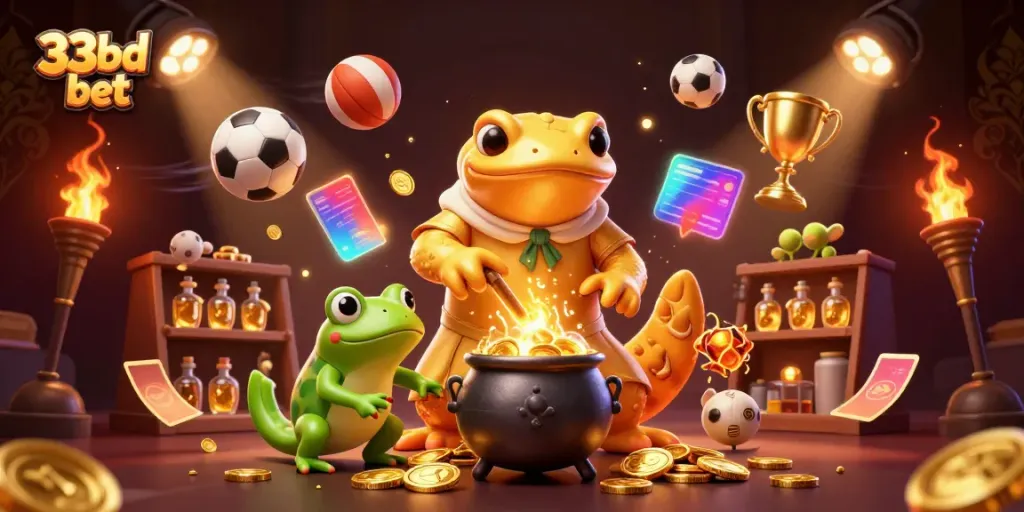 Experience the thrill of 33bd bet with this vibrant 3D illustration of an alchemist creating gold in a dynamic casino setting.