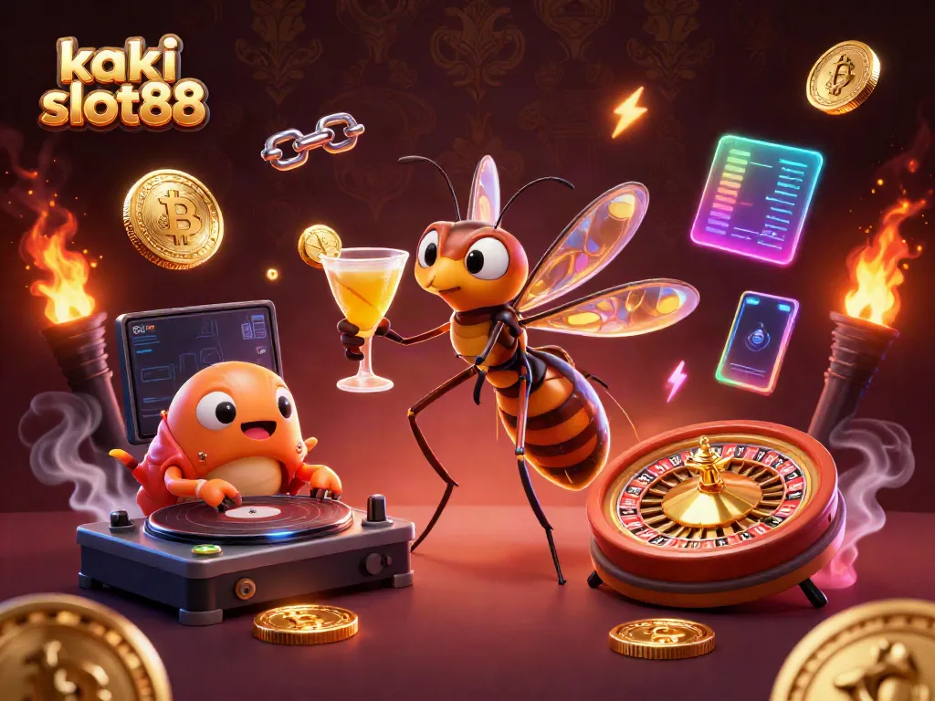 Kaki slot88 menampilkan simbol kasino dengan karakter 3D menarik dan elemen koin cryptocurrency yang bercahaya.
