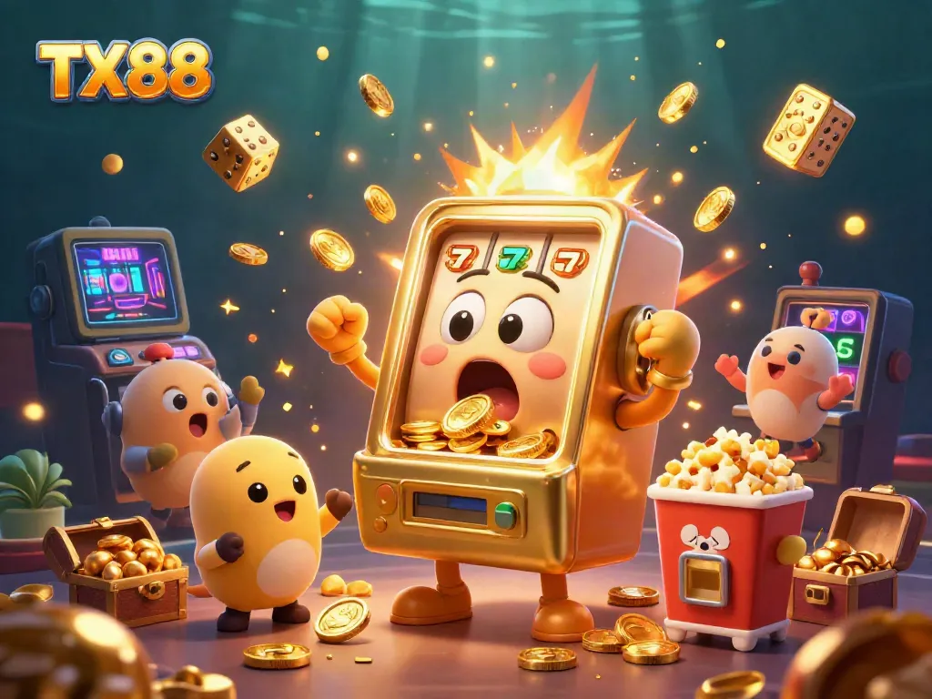 Experience the thrilling TX88 jackpot with a lively scene of slot machines and casino elements.