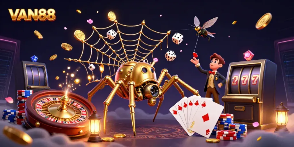 Catch winning moments in VAN88's vibrant 3D casino scene filled with gold coins and dynamic gameplay.