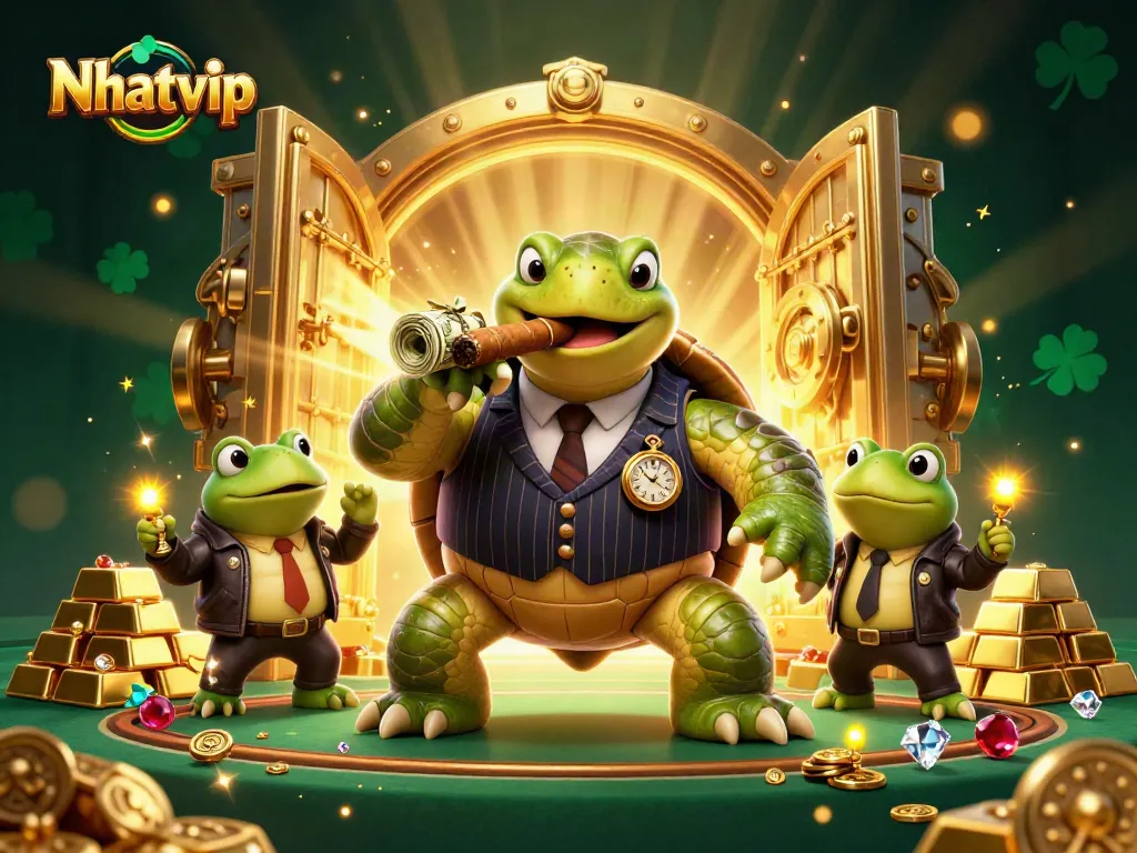 Nhatvip showcases whimsical characters in a dynamic casino setting, highlighting excitement and winning potential.