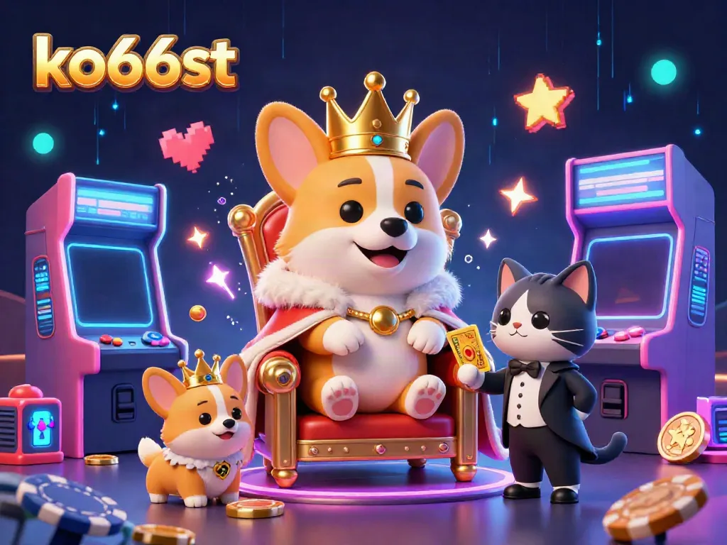 Experience the colorful games at ko66st with vibrant casino elements and a charming royal corgi themed scene.