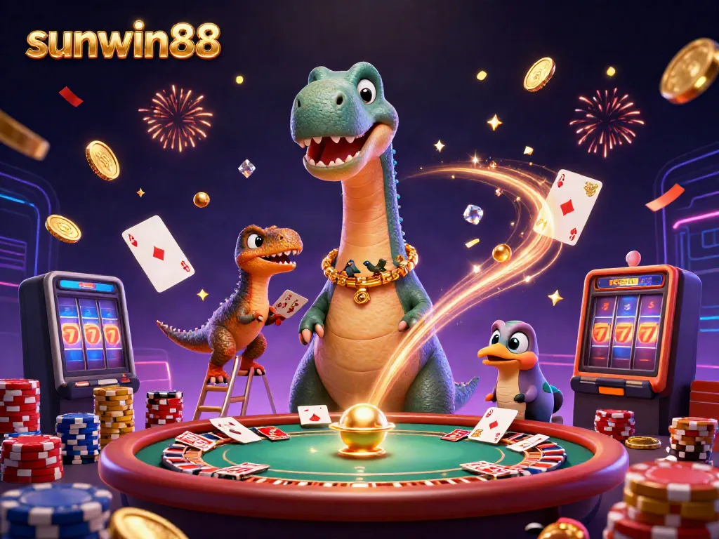 Experience thrilling wins with sunwin88 in a vibrant casino scene featuring dinosaurs and rich game elements.