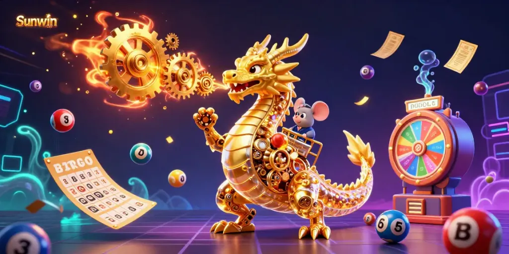 Engage with Sunwin in a vibrant casino world, featuring a golden dragon amid colorful lottery elements.