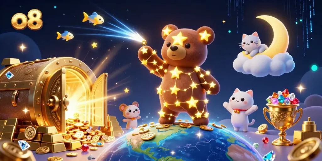 Engage with exciting gameplay at o8 as iconic characters scoop coins amidst golden treasures and vibrant energy.