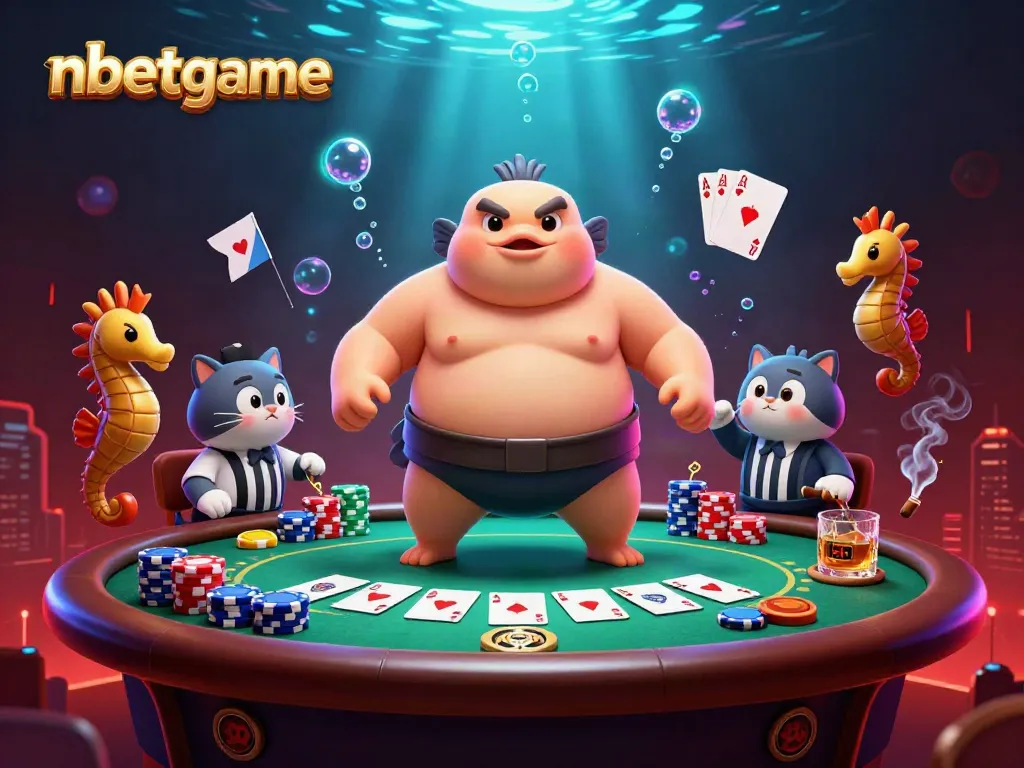 Engage with nbetgame in an explosive underwater poker match showcasing vibrant characters and elements.