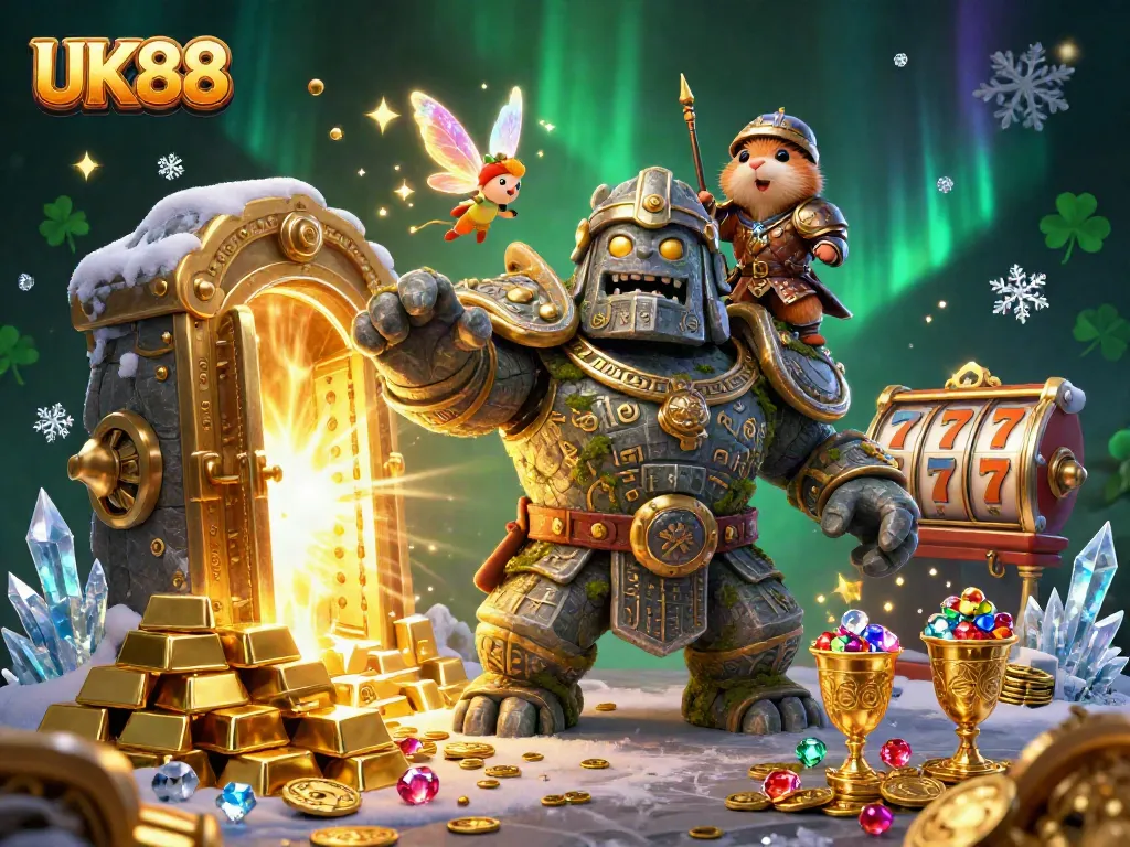 Spin and win with UK88 in this vibrant casino scene full of treasures and magical characters.