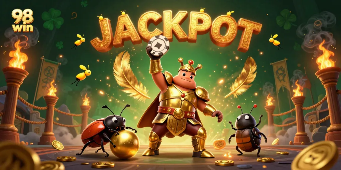 98 win showcases a victory scene with heroic beetle and golden elements in this vibrant casino illustration.