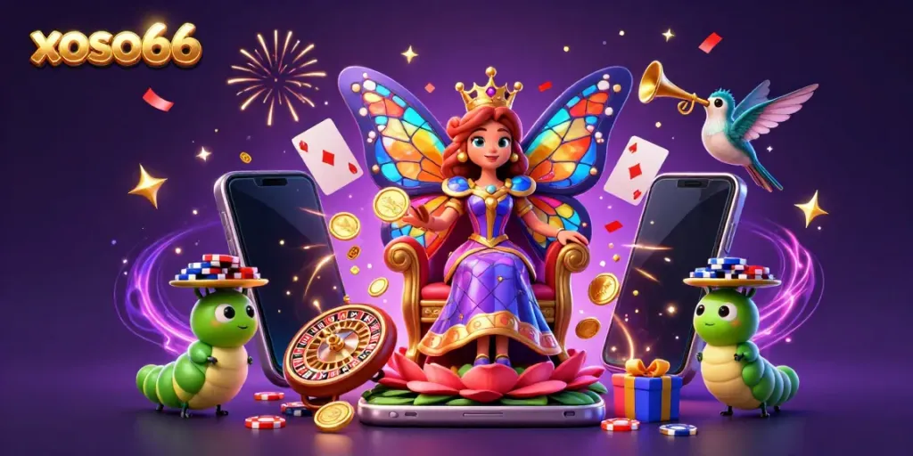Experience thrilling gameplay vibes with xoso66's animated characters and casino elements in an ultra-detailed scene.