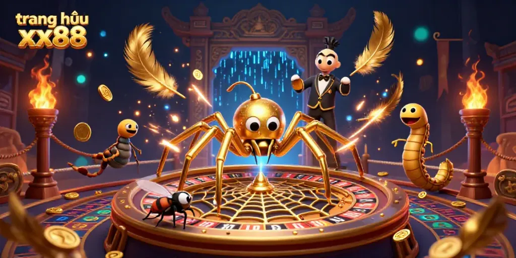 Experience thrilling bets at trang chủ xx88 with a 3D golden spider and roulette wheel.