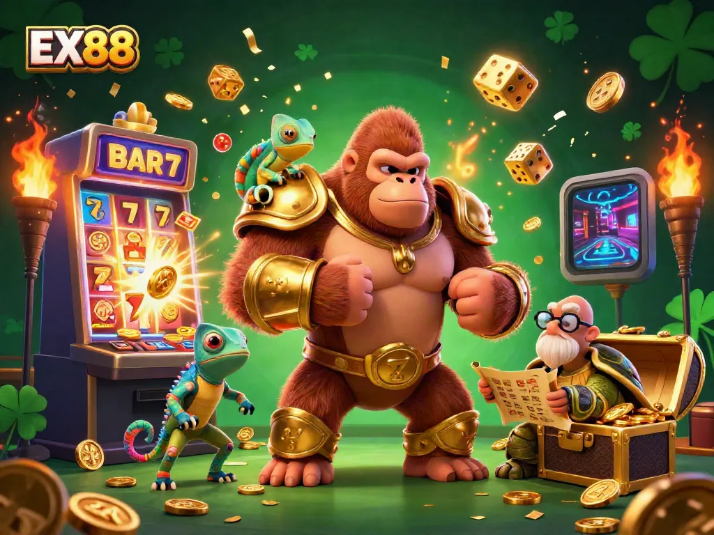 Experience the excitement of gambling with EX88 in a vibrant 3D casino scene featuring dynamic characters and jackpot elements.