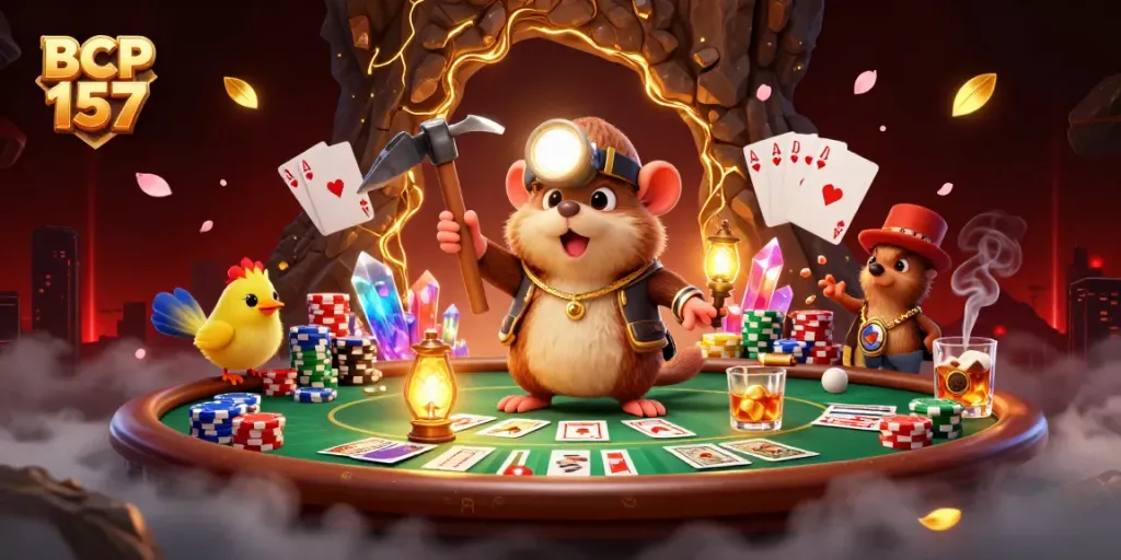 Experience BCP 157 in a dynamic casino scene with a treasure hunter mole, poker elements, and glowing crystals.