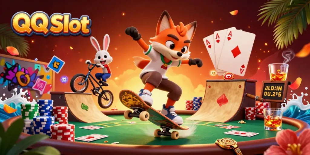 Join the action with QQ Slot as a skateboarder fox and BMX rabbit bring casino energy to life.