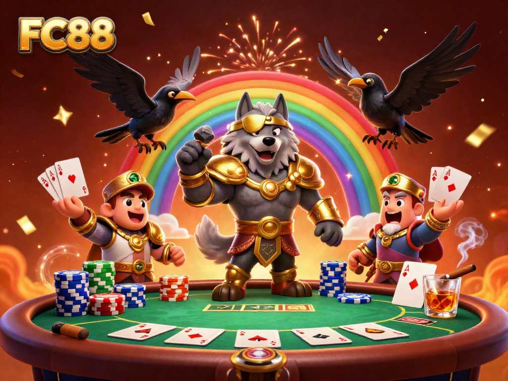 Engage in high-stakes action with FC88 on a vibrant casino-themed scene packed with excitement.