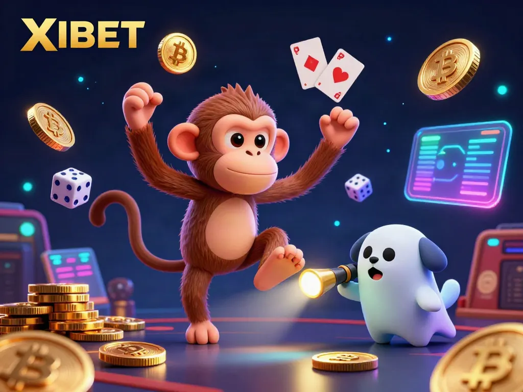 XIBET engages players with a lively 3D casino scene featuring a poltergeist monkey juggling coins and a curious puppy tracking it.