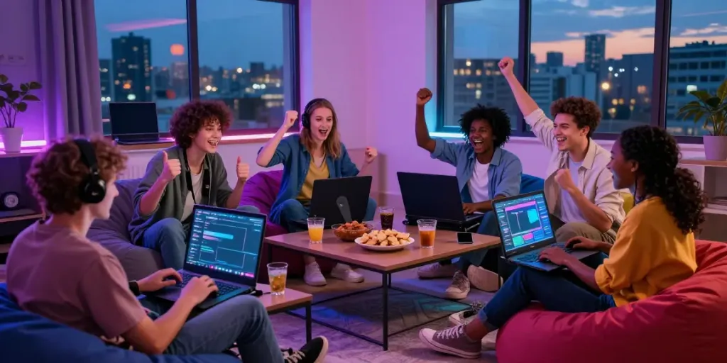 Friends enjoying an exciting multiplayer gaming session at kilat 404 with vibrant lights and snacks.