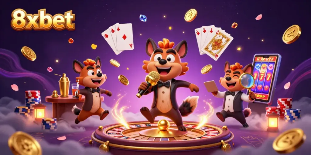 Experience the excitement of 8xbet with lively hyenas in a vibrant casino scene full of golden coins and games.