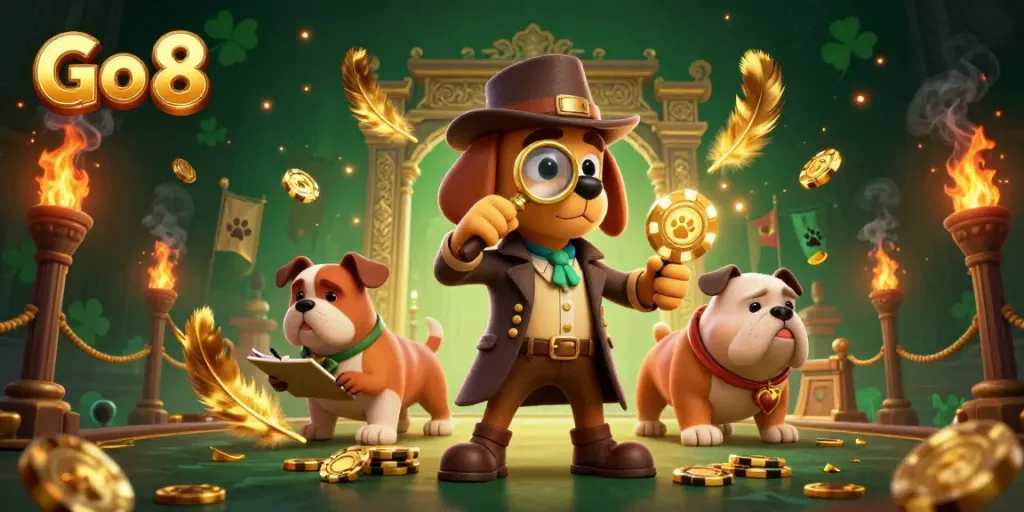 Engage with Go 8 in a lively casino scene featuring a Sherlock Holmes-style detective uncovering golden poker chips.