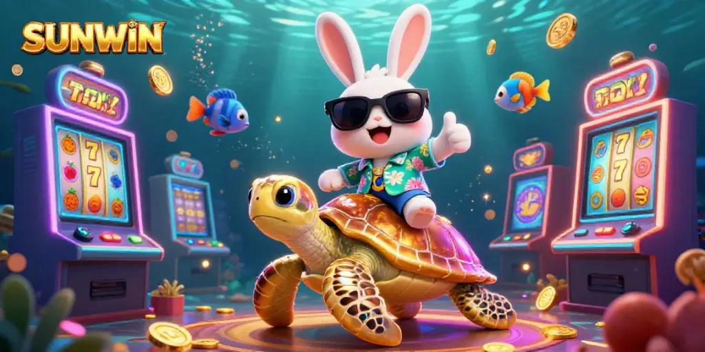 Join the fun with SUNWIN's lucky rabbit and golden turtle in a vibrant casino underwater scene!