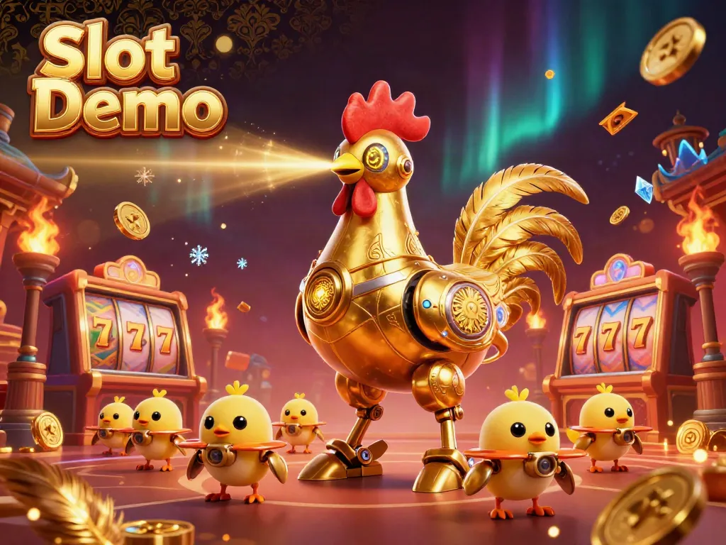 Engage in Slot Demo with a golden rooster robot and baby chick drones in a vibrant casino atmosphere.