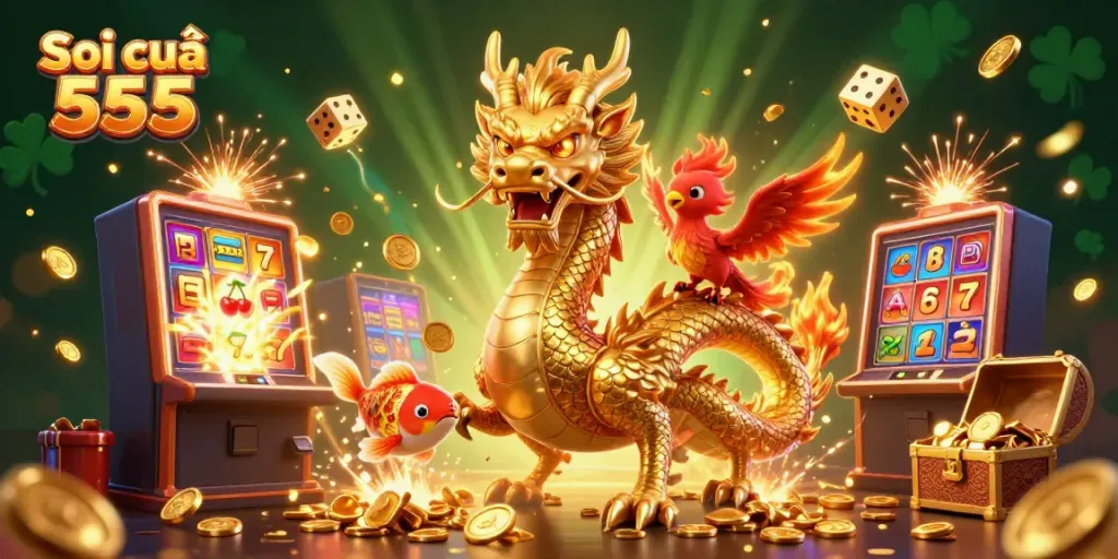 Soi cầu 555 features a vibrant 3D scene with a golden dragon, phoenix, and koi fish amid dynamic casino elements.