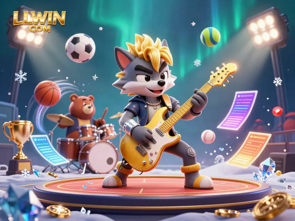 Experience exhilarating gaming with LLWIN COM in vibrant 3D illustration showcasing a rock star wolf and a drummer bear on stage.