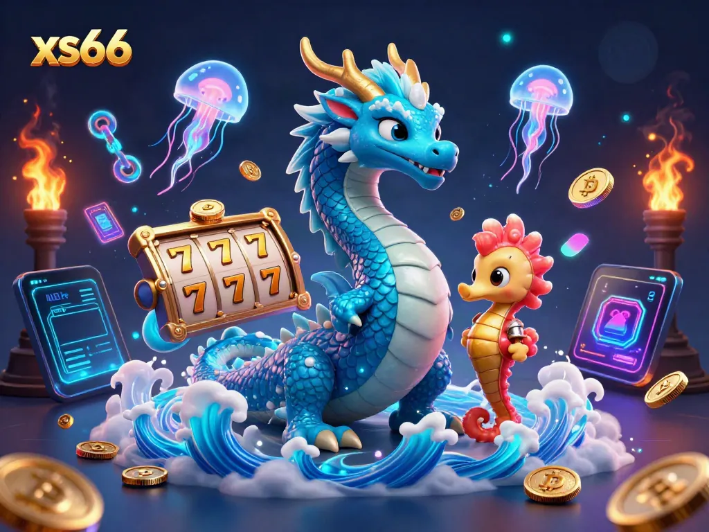 Engage dynamically with xs66 through a vibrant illustration of a water dragon, slot symbols, and crypto coins.