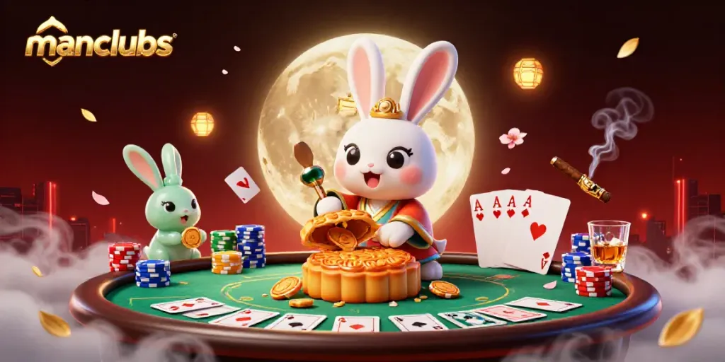 Engage in manclubs activity with a 3D illustration of a moon rabbit revealing poker chips, a vibrant casino scene.