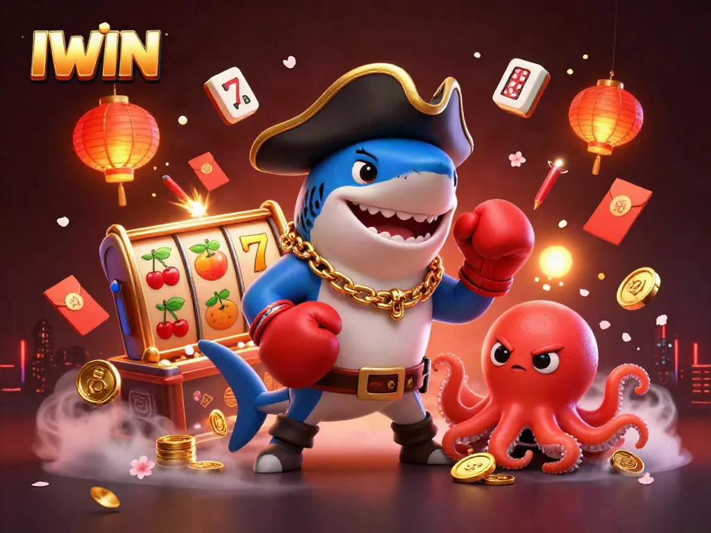 Experience a thrilling IWIN gaming adventure with a pirate shark and characters amidst slot reels and vibrant elements.