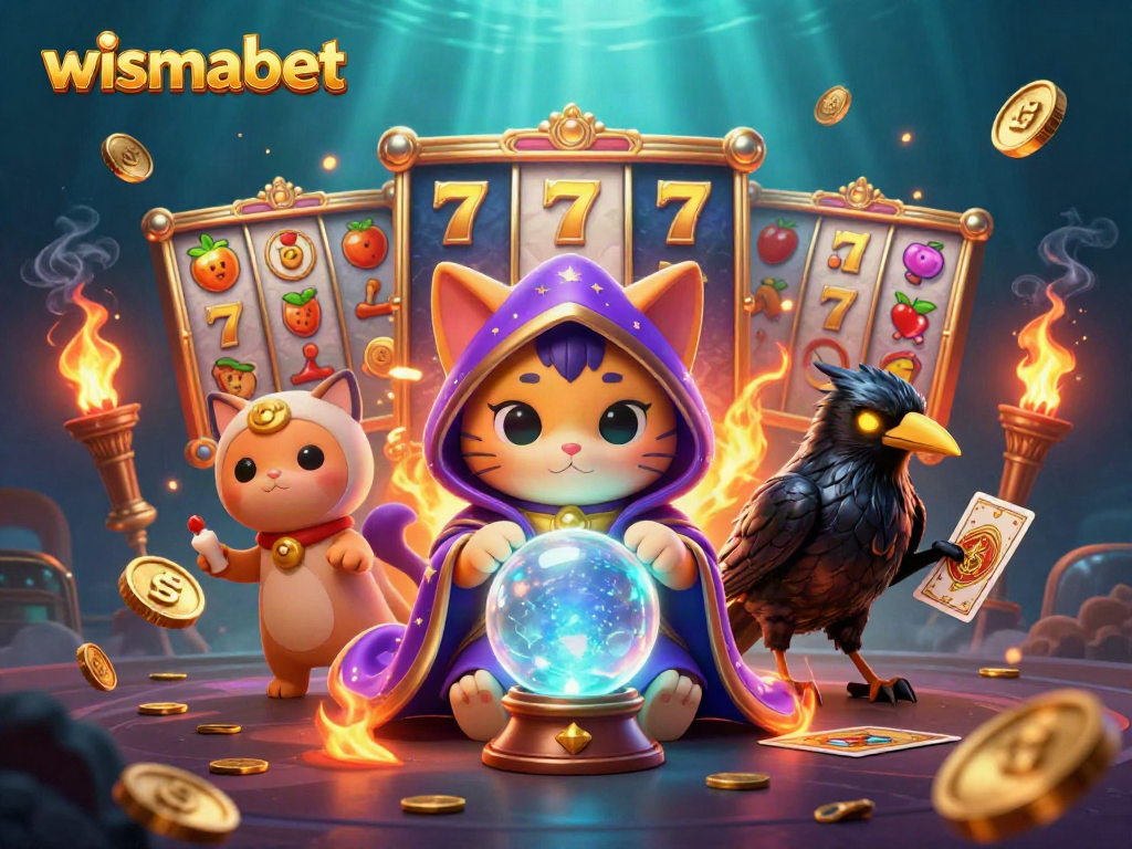 Menghadirkan pengalaman bermain wismabet dengan simbol slot berkilauan dan karakter mistis dalam suasana magis.