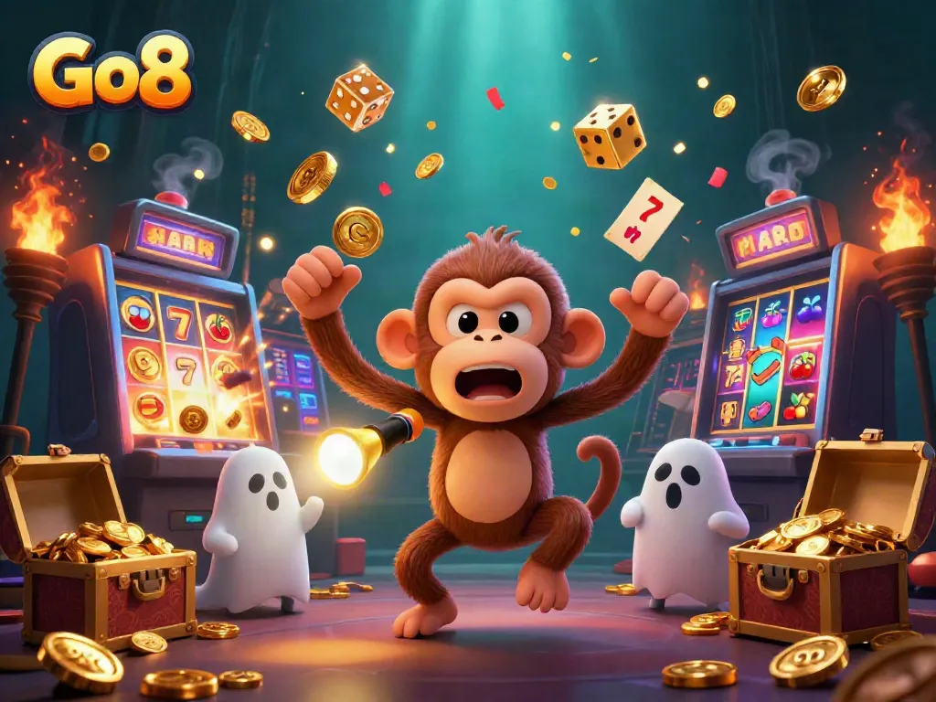 Go8 showcases a mischievous monkey juggling gold while a ghost-hunting puppy tracks it in a vibrant casino scene