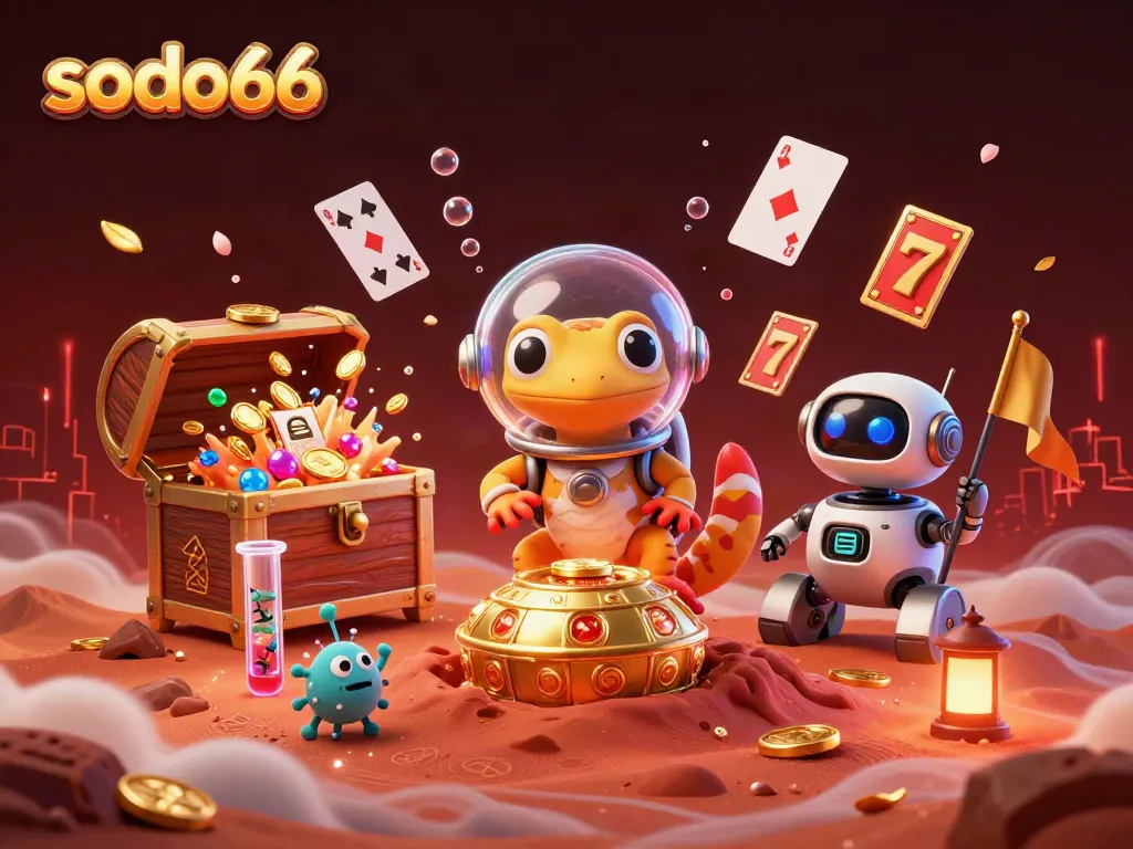 Experience the thrill of sodo66 at a Martian casino with vibrant characters and dazzling treasures.