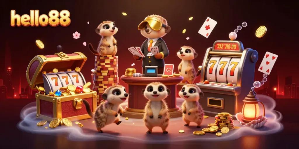 Hello88 meerkats managing an elaborate casino operation with vibrant details and games.