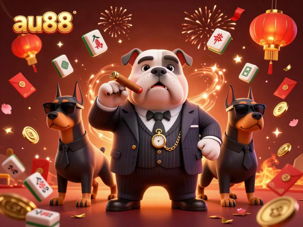 Experience the excitement of au88 with a vibrant 3D illustration showcasing a mafia boss bulldog and bodyguard Dobermans amid festive elements and casino symbols.