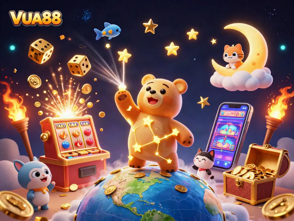 Experience the excitement with VUA88 as golden stars and jackpot symbols collide in a vibrant casino scene.
