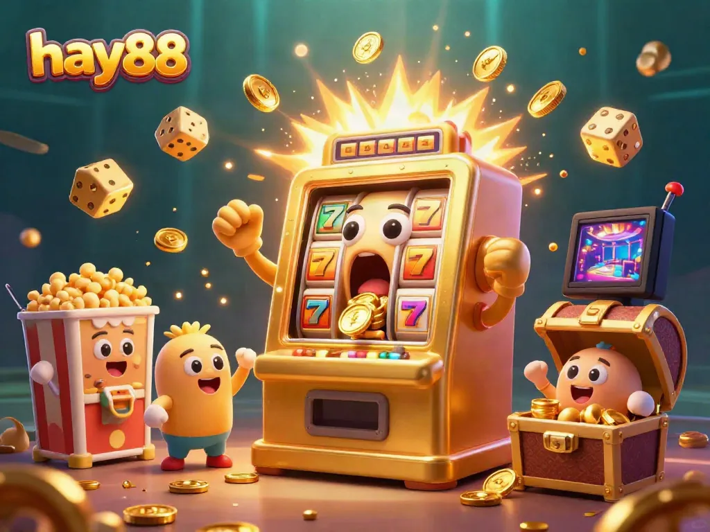 Win big with hay88 in this exciting casino scene featuring a golden slot machine celebrating its jackpot.