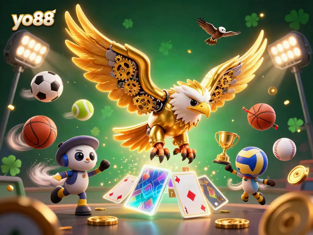 Experience the thrill of yo88 as a golden eagle dives through playing cards in a vibrant casino scene.