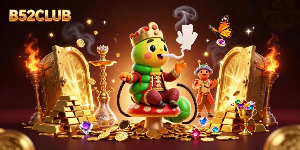 Experience the vibrant B52CLUB casino with an enchanting 3D digital illustration featuring a whimsical character and treasures.