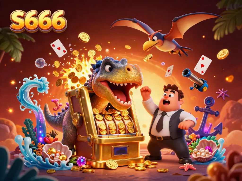 S666 experience with a dinosaur-themed casino scene featuring exciting slot machine wins and flying coins.