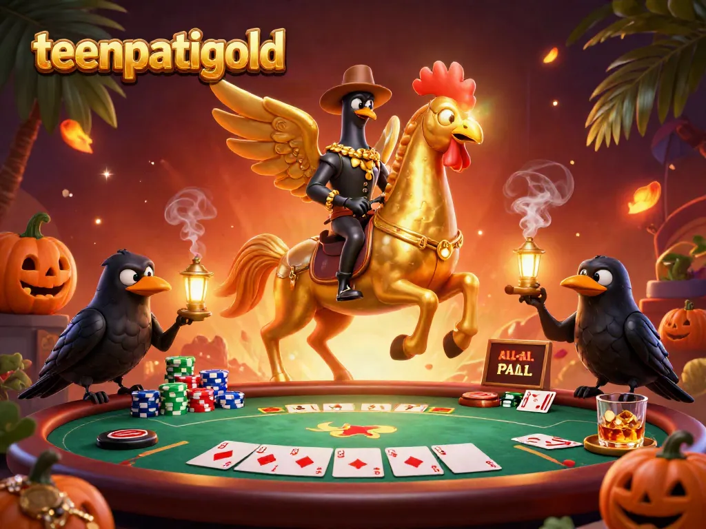 Experience the thrill of teenpatiigold with a vivid casino scene featuring a golden rooster, poker elements, and vibrant graphics.