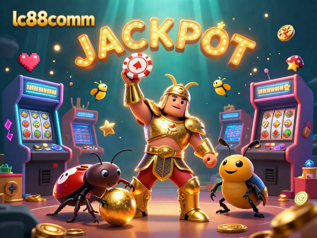 lc88comm celebrates big wins with a 3D cartoon hercules beetle lifting a poker chip, amidst casino games.